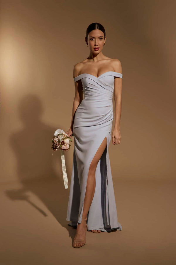 jarlo Bluebell Bardot Maxi Dress With Thigh Split And Button Back Powder Blue