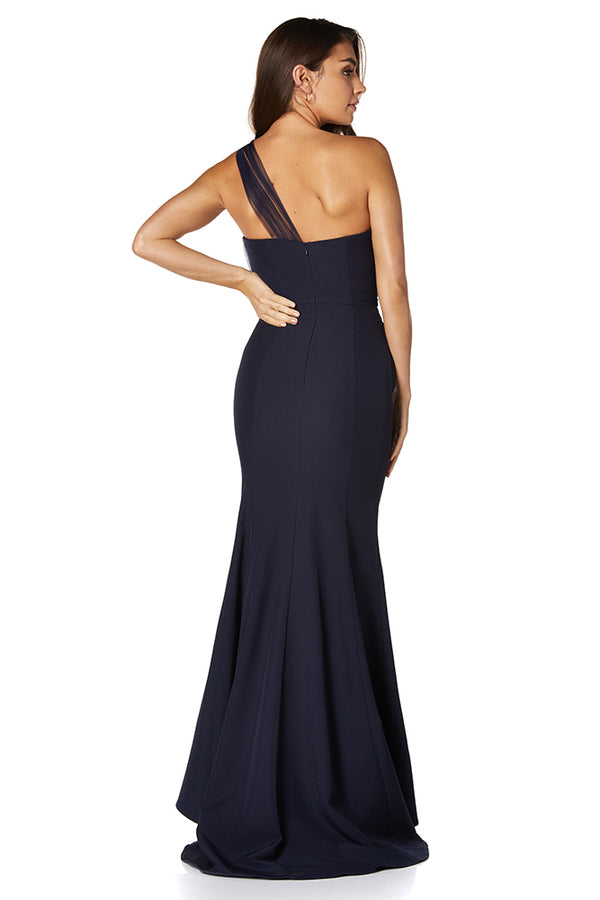 Jarlo Brooke One Shoulder Tulle Top Maxi Dress With Thigh Split Navy