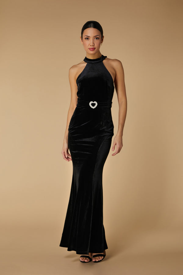 jarlo Delta Halter Neck Maxi Dress with Embellished Heart Detail Black