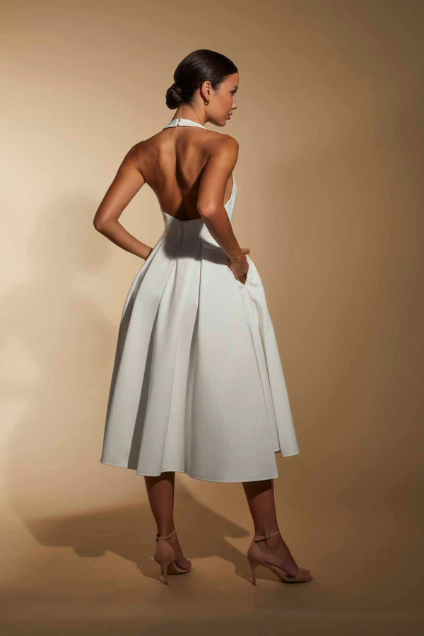 Jarlo Denise Pleated A-Line Midi Dress With Halter Neckline Ivory