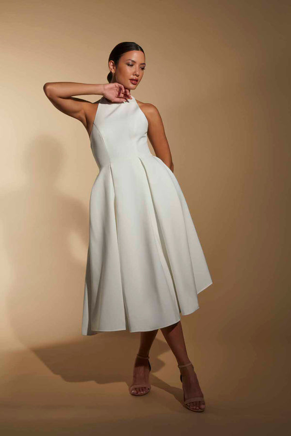 jarlo Denise Pleated A-Line Midi Dress with Halter Neckline Ivory