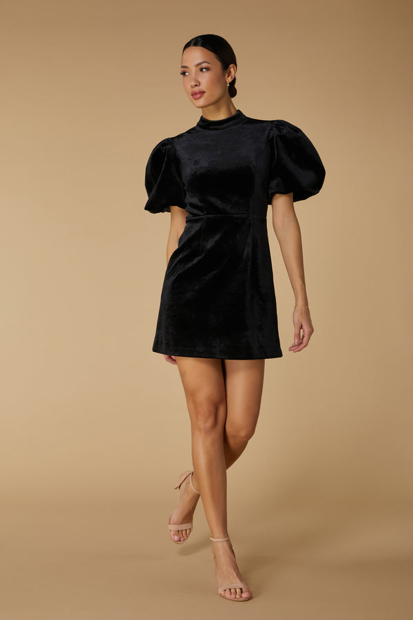jarlo Eden Velvet Puff Sleeve Mini Dress with Open Back Black
