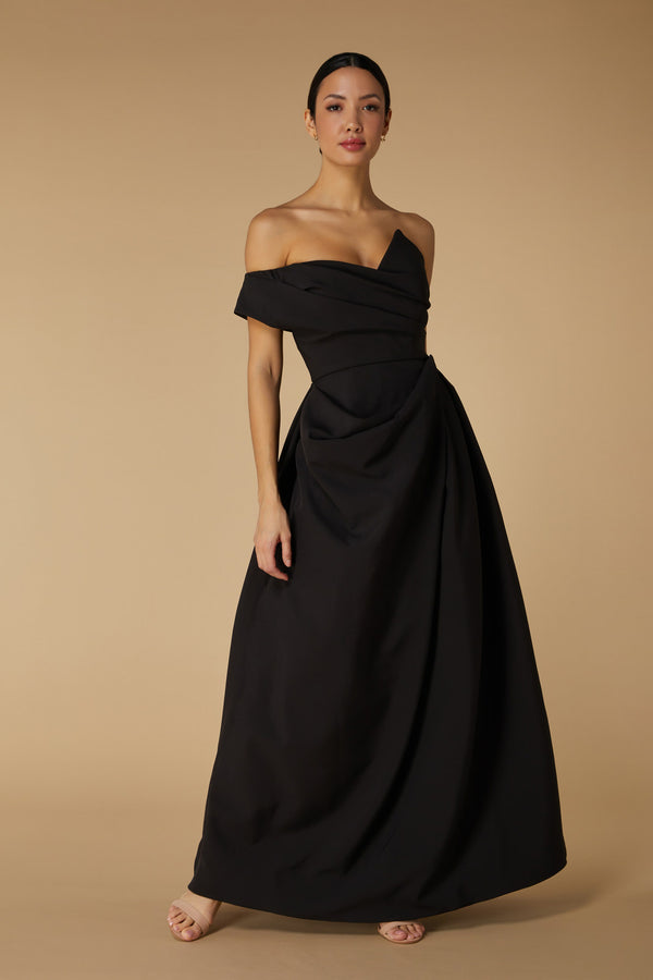 jarlo Em Off Shoulder Maxi Dress with Draped Skirt Detail Black