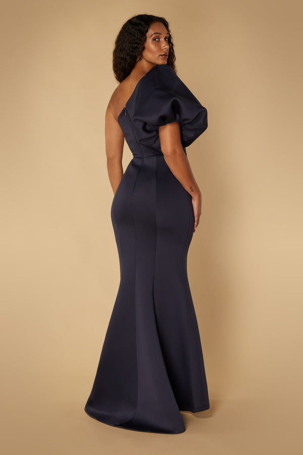 Jarlo Frances One Shoulder Exaggerated Puff Sleeve Scuba Maxi Dress Navy