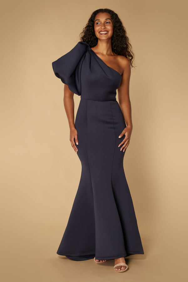 jarlo Frances One Shoulder Exaggerated Puff Sleeve Scuba Maxi Dress Navy