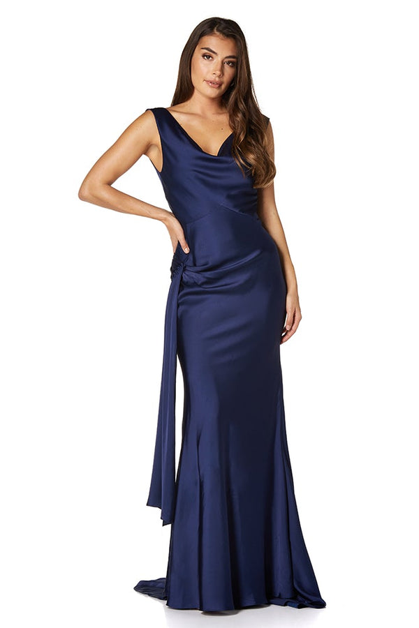Jarlo Gabriella Cowl Neck Fishtail Gown With Open Back Navy