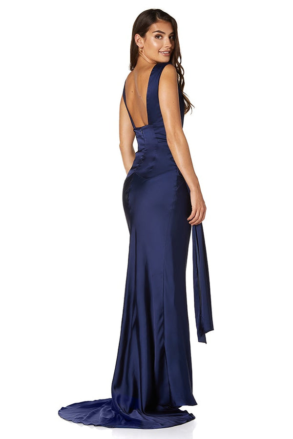 Jarlo Gabriella Cowl Neck Fishtail Gown With Open Back Navy
