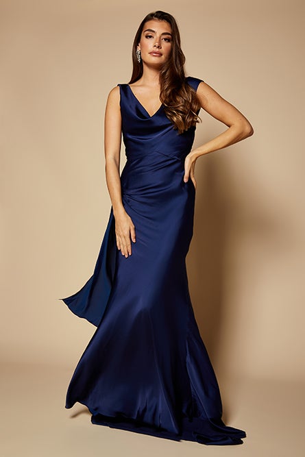jarlo Gabriella Cowl Neck Fishtail Gown with Open Back Navy
