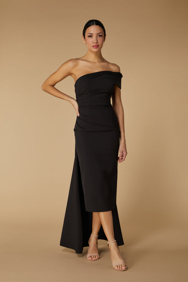 jarlo Greer Off Shoulder Midi Dress with Drape Detail Black