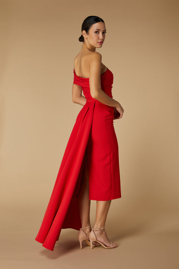 Jarlo Greer Off Shoulder Midi Dress With Drape Detail Red