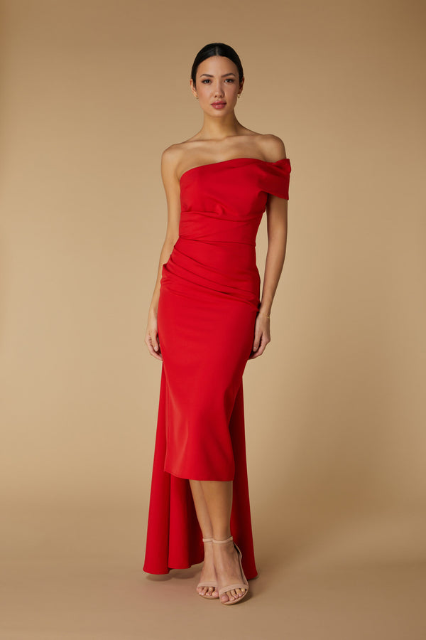 jarlo Greer Off Shoulder Midi Dress with Drape Detail Red