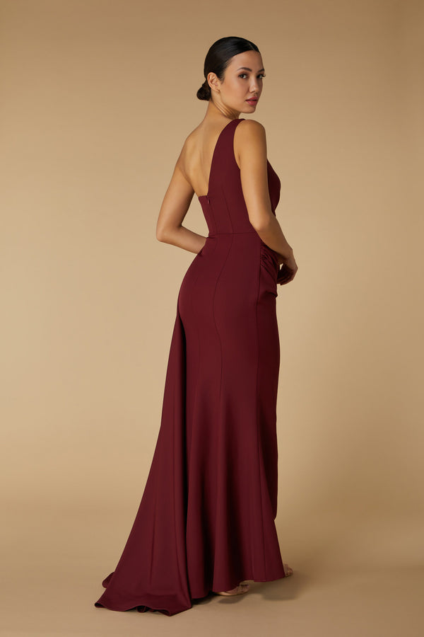 Jarlo Hazel One Shoulder Fishtail Maxi Dress With Drape Detail Burgundy