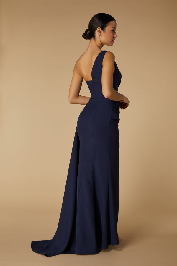 Jarlo Hazel One Shoulder Fishtail Maxi Dress With Drape Detail Navy