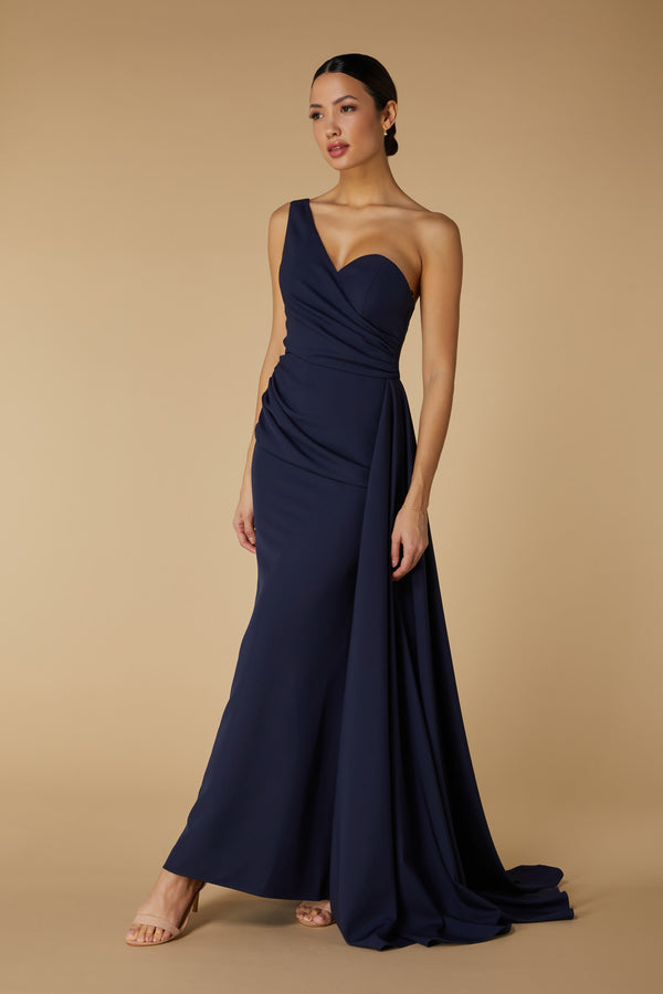 jarlo Hazel One Shoulder Fishtail Maxi Dress with Drape Detail Navy
