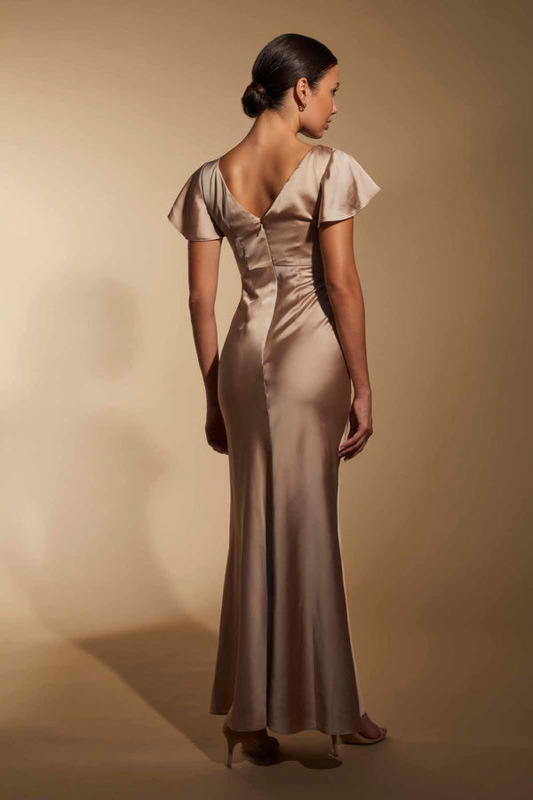 Jarlo Isla Empire Line Satin Maxi Dress With Bell Sleeves Nude Satin