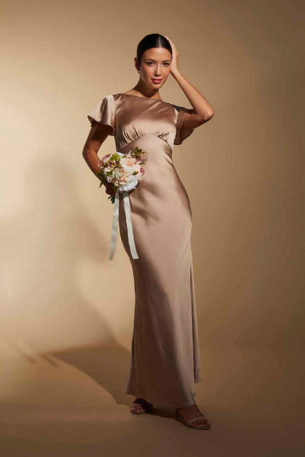 jarlo Isla Empire Line Satin Maxi Dress with Bell Sleeves Nude Satin