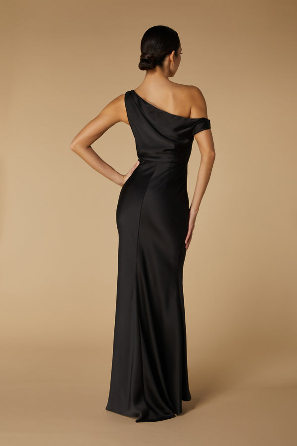 Jarlo Artemis Drop Shoulder Satin Maxi Dress Black
