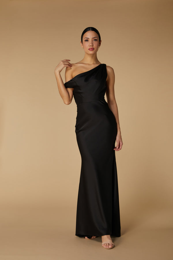 jarlo Artemis Drop Shoulder Satin Maxi Dress Black