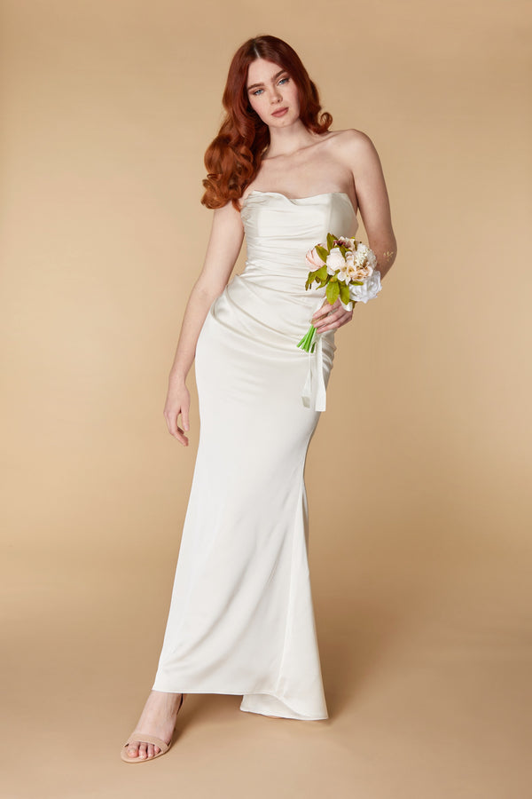 jarlo Lisa Strapless Satin Maxi with Train Ivory