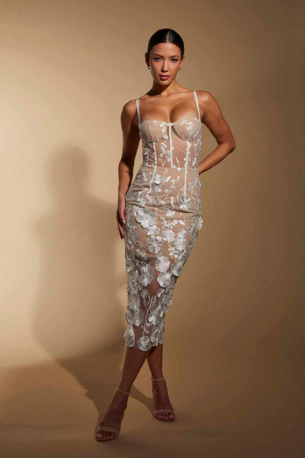 jarlo Mila Corset All Over Lace Midi Dress Ivory