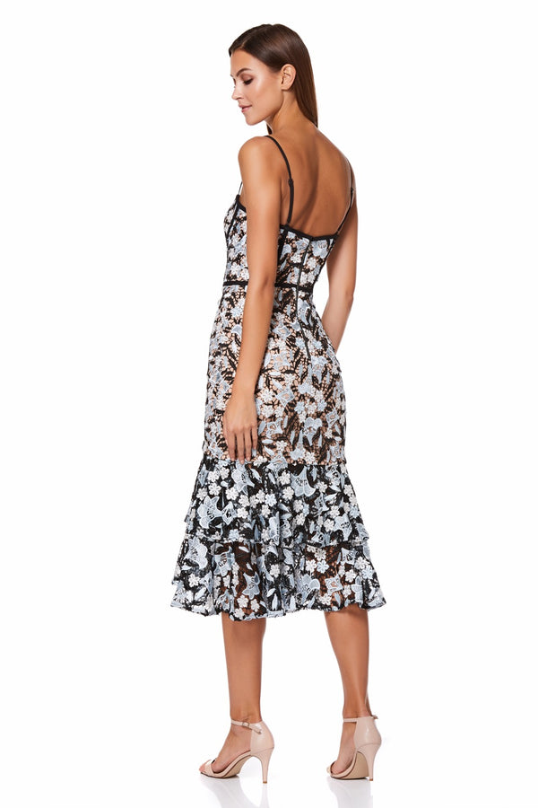 Jarlo Jojo All Over Lace Midi Dress With Ruffle Hem Blue/Black