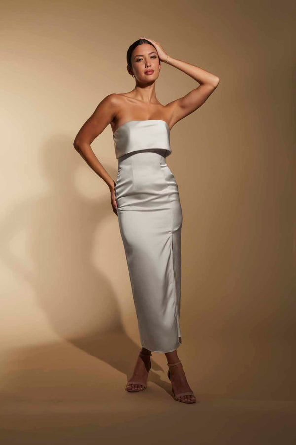 Jarlo Kate Strapless Satin Midi Dress With Bust Overlay Ivory