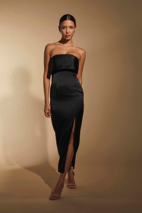 Jarlo Kate Strapless Satin Midi Dress With Bust Overlay Black