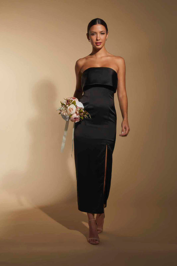 jarlo Kate Strapless Satin Midi Dress with Bust Overlay Black