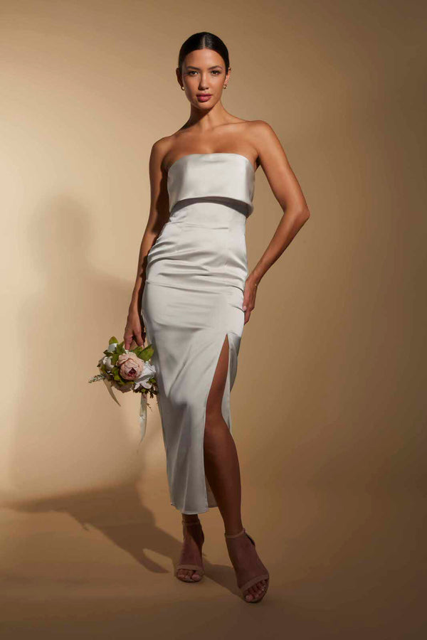 jarlo Kate Strapless Satin Midi Dress with Bust Overlay Ivory