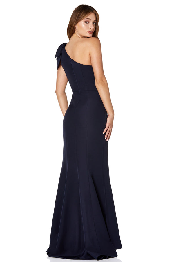 Jarlo Kayla One Shoulder Bow Detail Maxi Dress With Thigh Split Navy