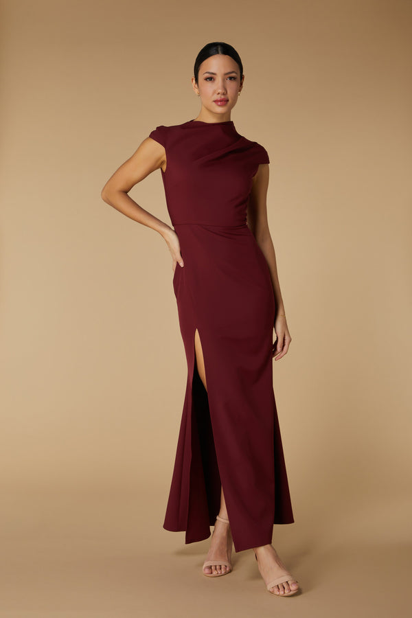 jarlo Kip High Neck Maxi Dress with Cap Sleeves Burgundy
