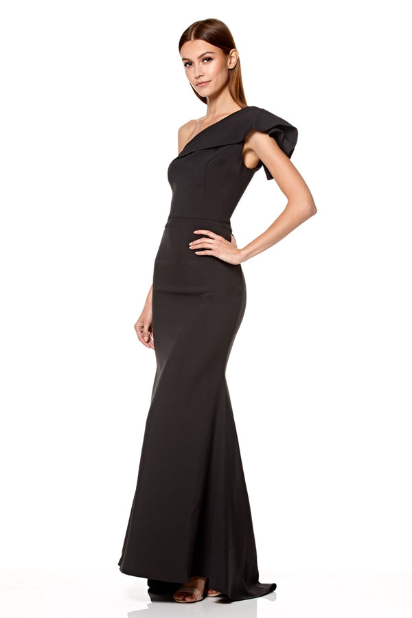 Jarlo Levine Ruffle Frill One Shoulder Maxi Dress Black
