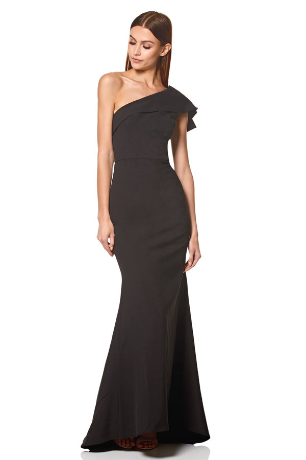 jarlo Levine Ruffle Frill One Shoulder Maxi Dress Black