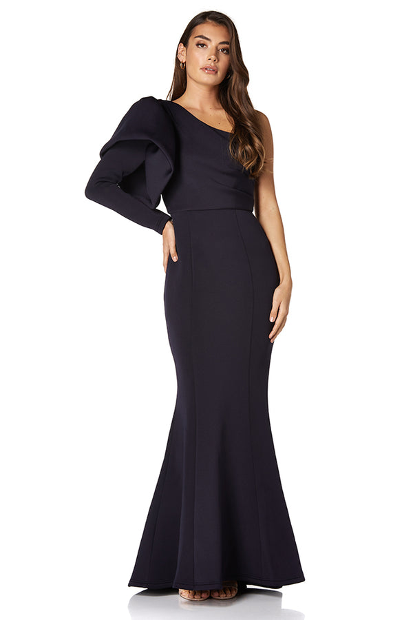Jarlo Lexy One Shoulder Exaggerated Puff Long Sleeve Scuba Dress Navy