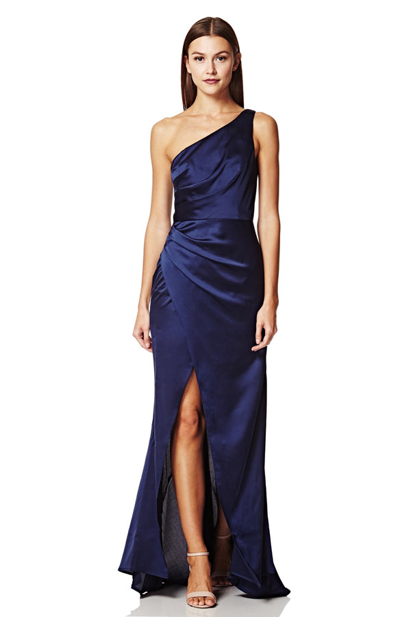 Jarlo Lisa One Shoulder Maxi Dress With Pleat Detail Navy