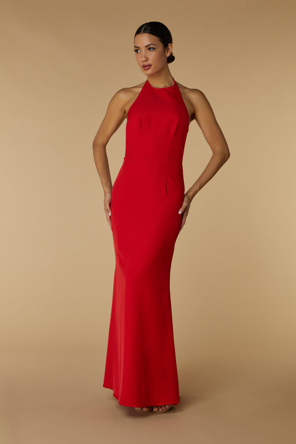 Jarlo Lydia Halter Neck Maxi Dress With Open Back Strap Detail Red