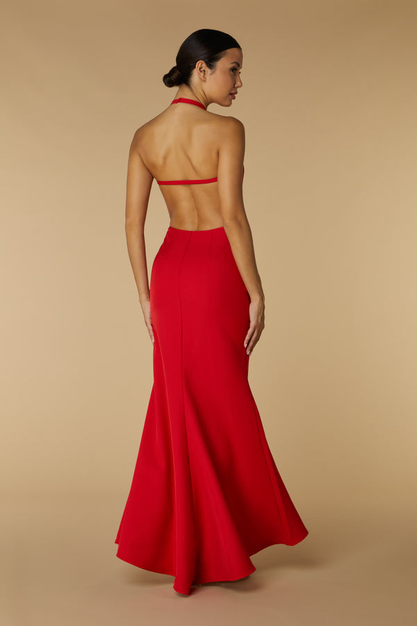 jarlo Lydia Halter Neck Maxi Dress with Open Back Strap Detail Red