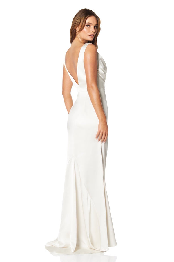 Jarlo Madia Cowl Front Maxi Dress With Thigh Split And Train Ivory