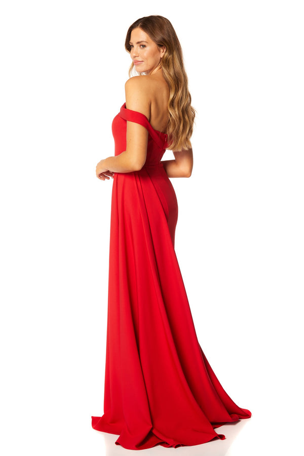 Jarlo Monica Off Shoulder Maxi Dress Pleated Side Skirt Drape Red