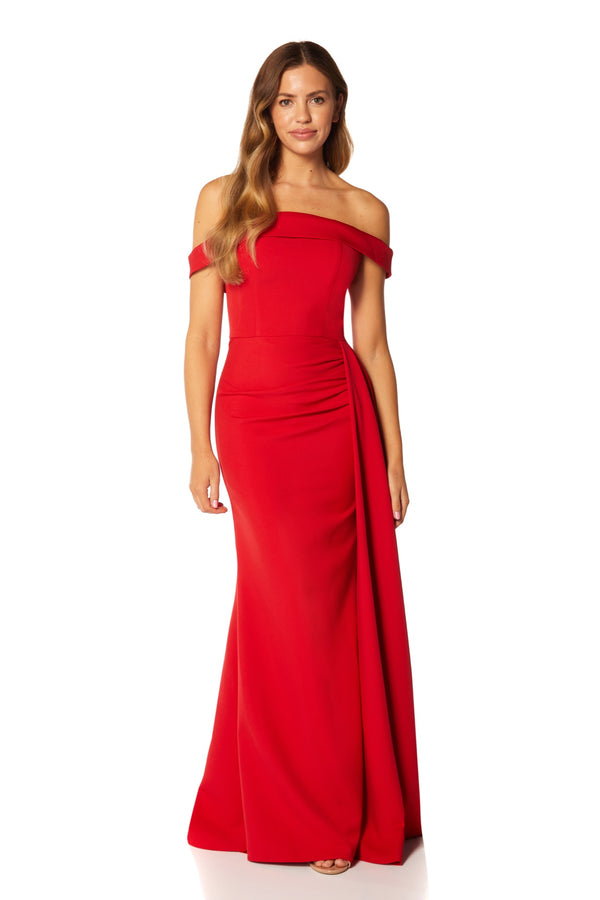 jarlo Monica Off Shoulder Maxi Dress Pleated Side Skirt Drape Red