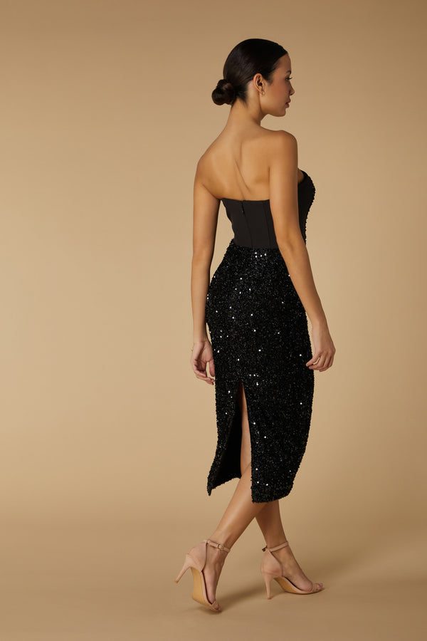 Jarlo Monica Strapless Sequin Midi Dress Black Sequins