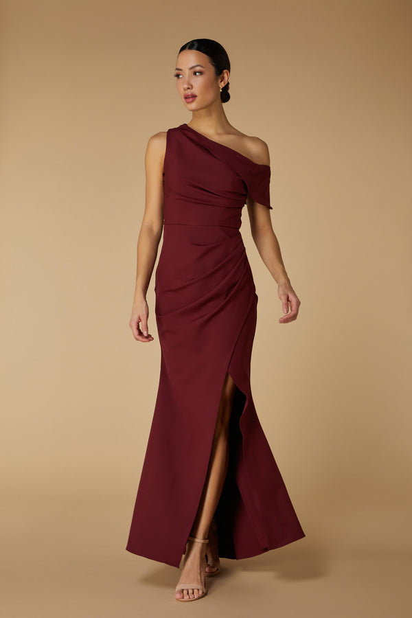 Jarlo Morgan Drop Shoulder Fishtail Maxi Dress Burgundy