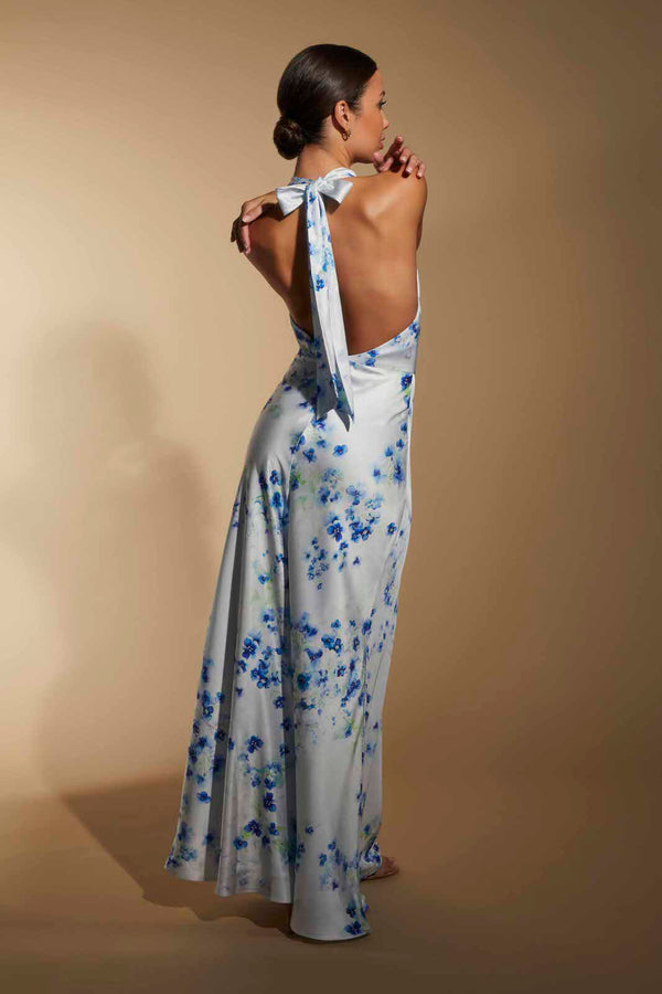 Jarlo Noelle Cowl Front Print Maxi Dress Blue Floral Print