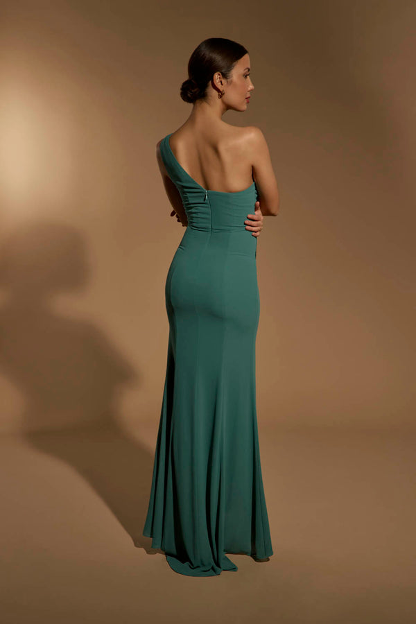 Jarlo Olani One Shoulder Fishtail Maxi Dress With Ruched Bodice Detail Chiffon Green