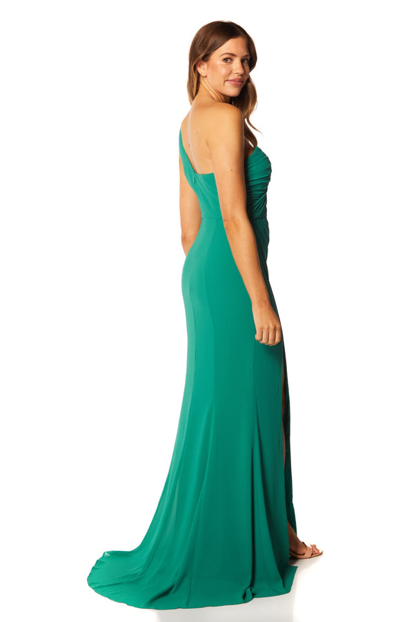 Jarlo Olani One Shoulder Fishtail Maxi Dress With Ruched Bodice Detail Chiffon Green