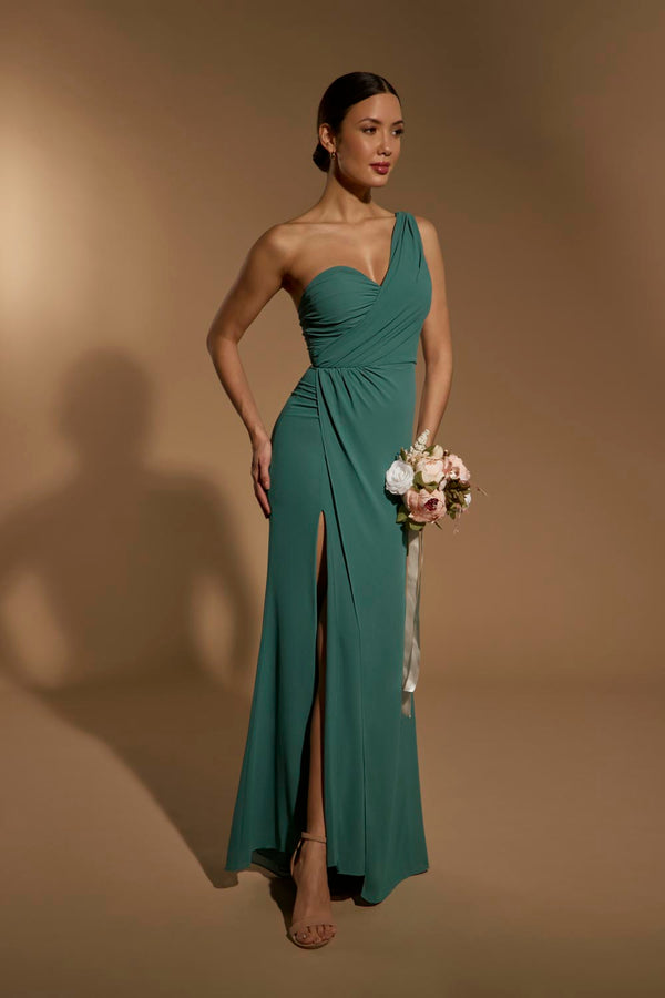 jarlo Olani One Shoulder Fishtail Maxi Dress with Ruched Bodice Detail Chiffon Green