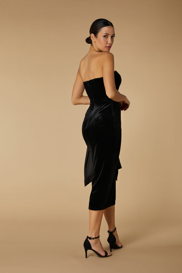 Jarlo Olga Strapless Velvet Midi Dress With Bow Detail Black
