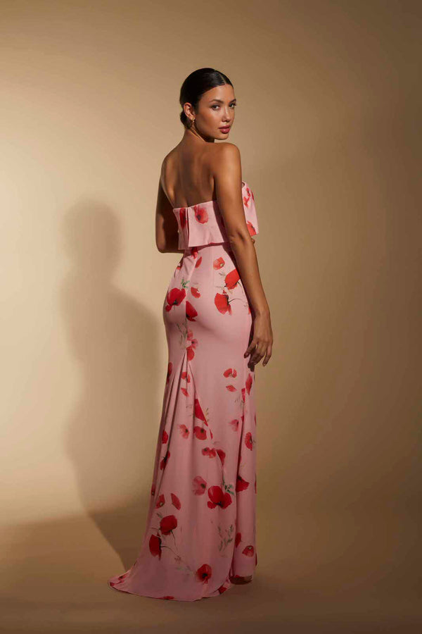 Jarlo Pia Strapless Print Maxi Dress With Overlay Pink Poppy Print