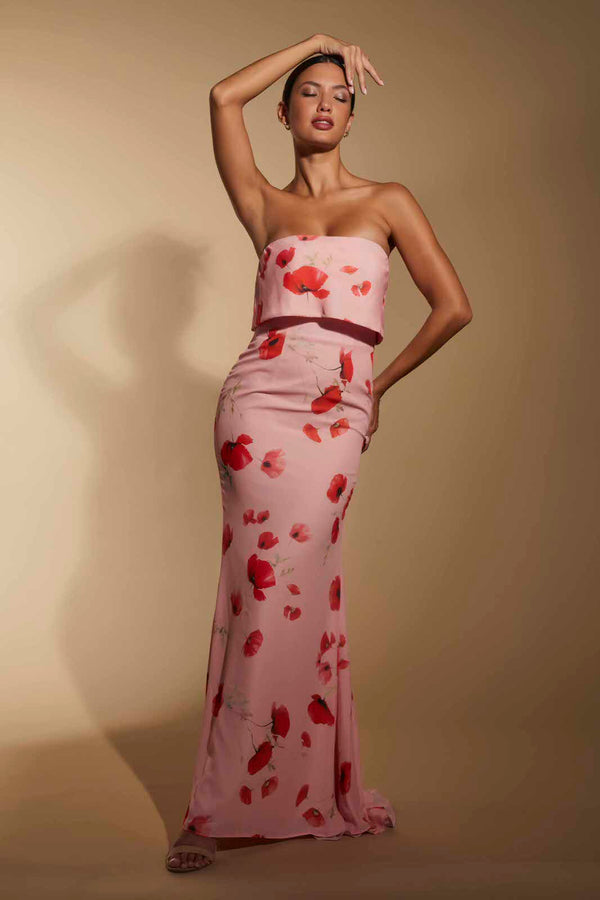 jarlo Pia Strapless Print Maxi Dress With Overlay Pink Poppy Print