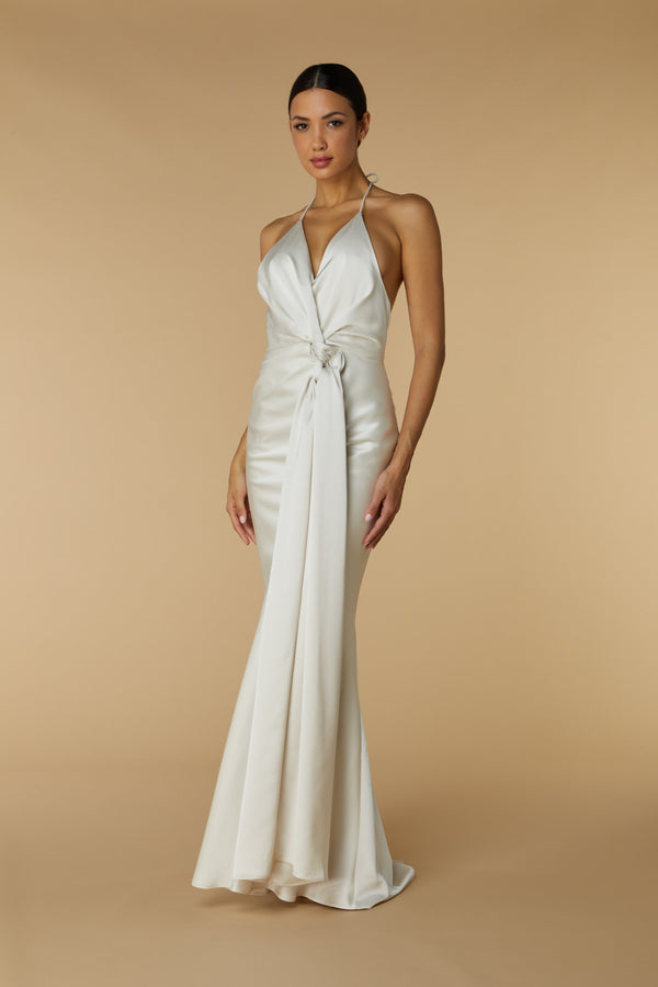 jarlo Rochelle Halter Neck Maxi Dress with Waist Tie Detail Ivory